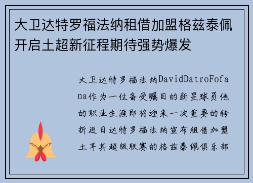 大卫达特罗福法纳租借加盟格兹泰佩开启土超新征程期待强势爆发