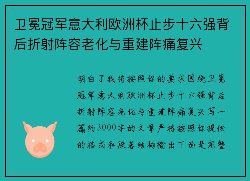 卫冕冠军意大利欧洲杯止步十六强背后折射阵容老化与重建阵痛复兴
